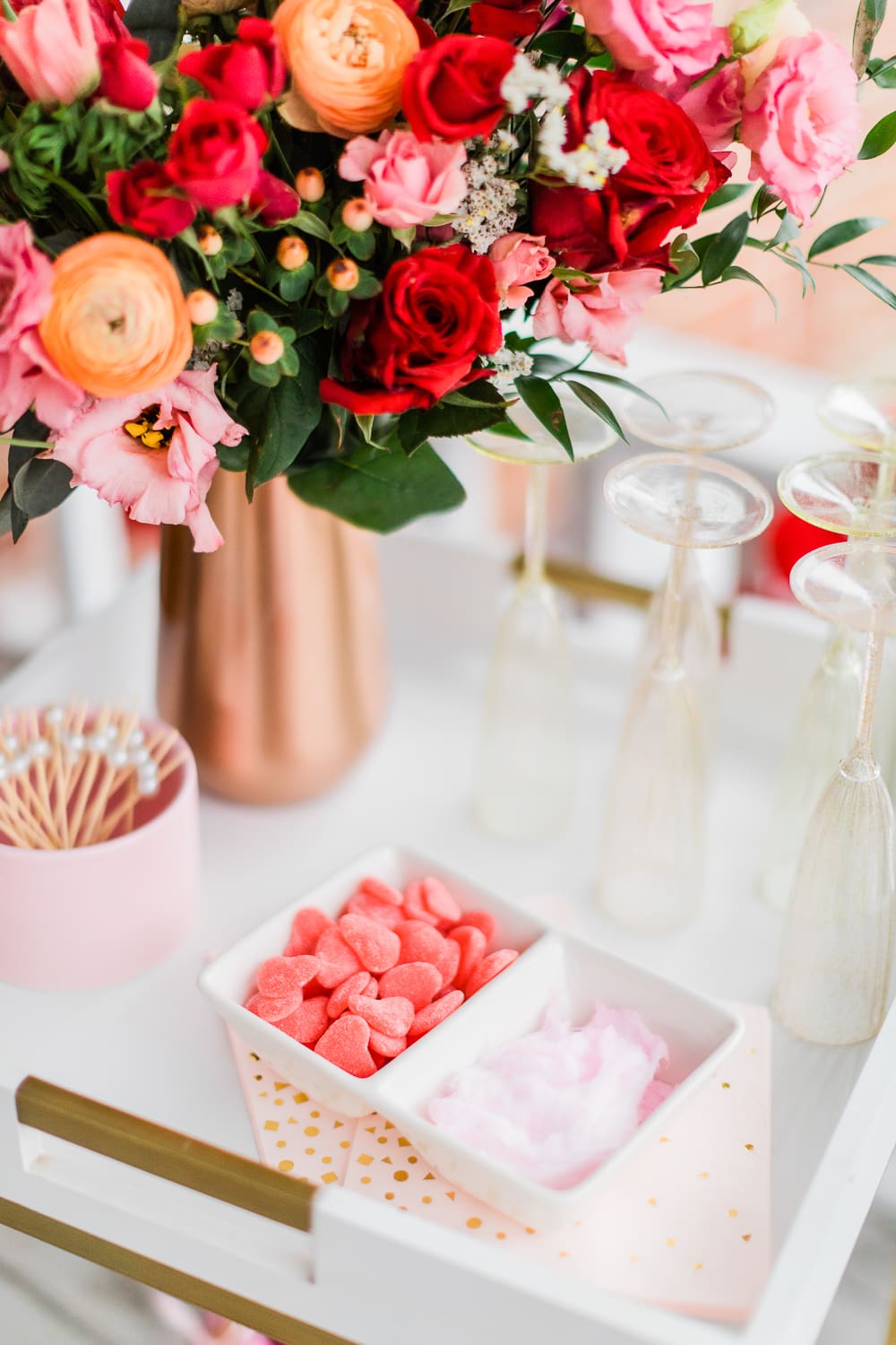 Galentines Day Bar Cart, Valentines Day bar cart ideas, Valentines bar cart styling tips, champagne bar cart ideas, Valentines Day bar cart ideas, popular entertaining blog Diary of a Debutante, popular entertaining blogger Stephanie Ziajka