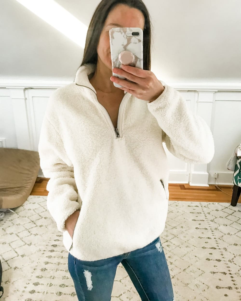 Amazon Daily Ritual Women's Teddy Bear Fleece Quarter Zip Jacket in Ivory