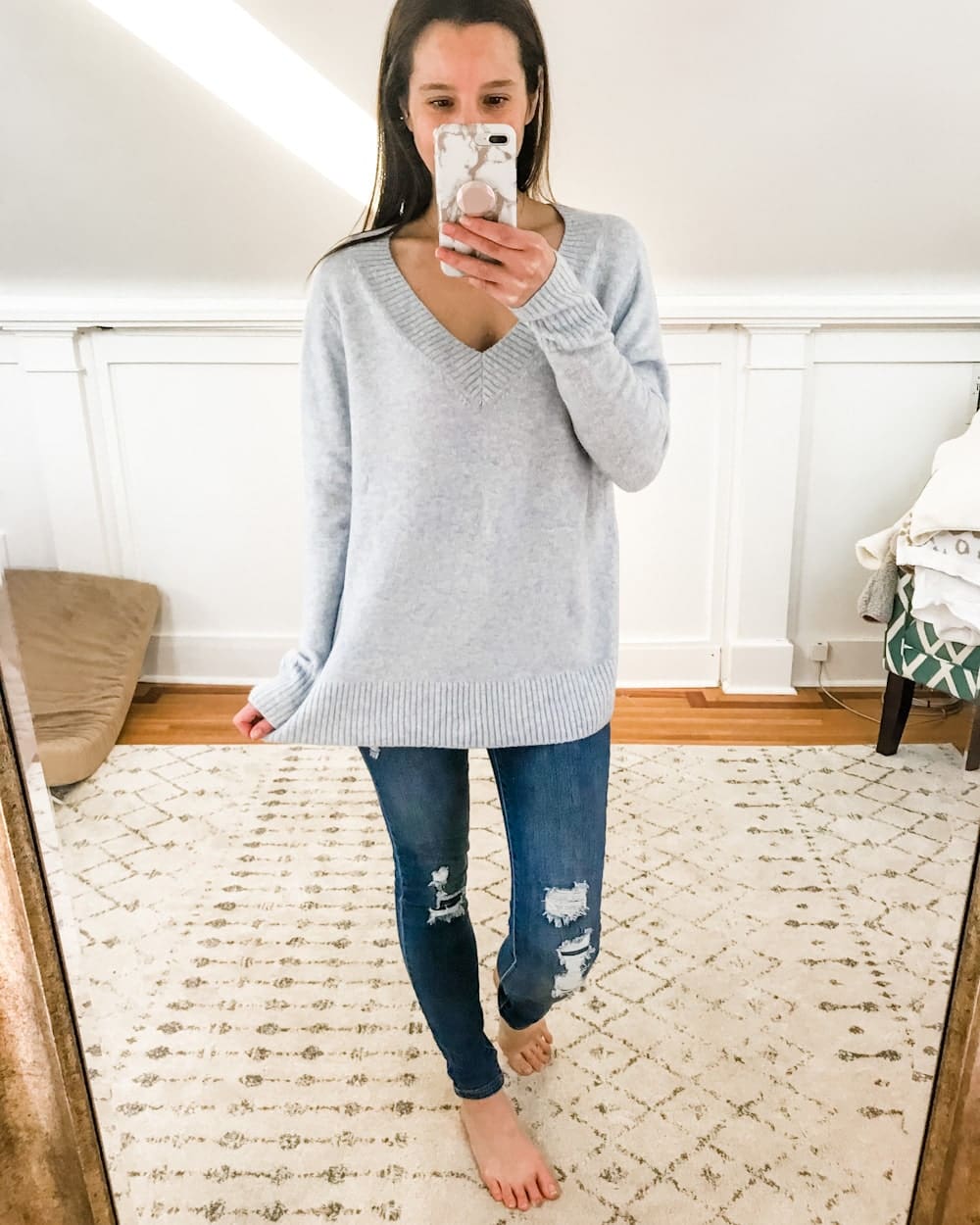 Amazon Goodthreads Women's Mid-Gauge Stretch V-Neck Sweater in Light Heather Blue