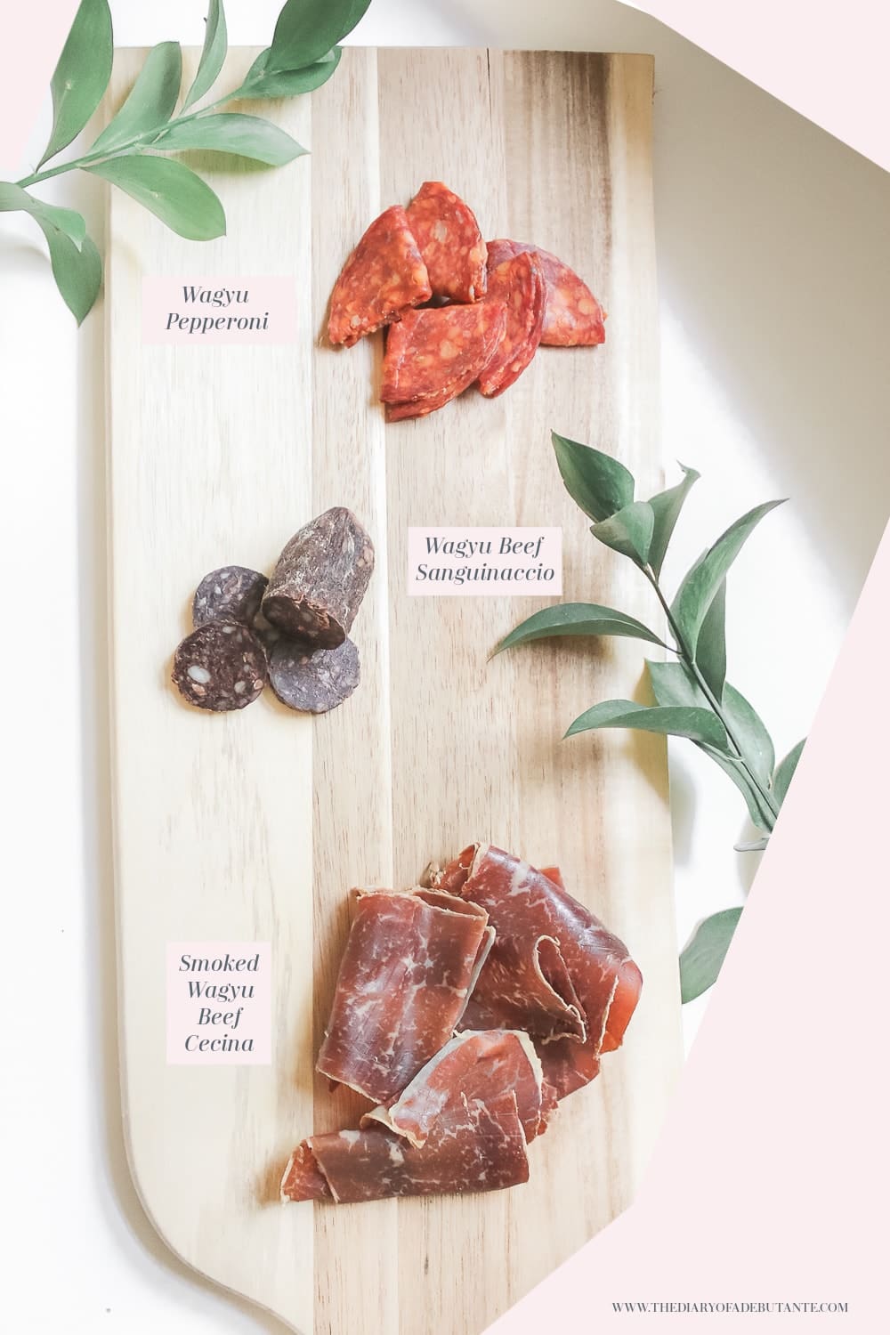 Wagyu pepperoni, wagyu beef sanguinaccio, and smoked wagyu beef cecina on an all-beef meat and cheese board on Diary of a Debutante