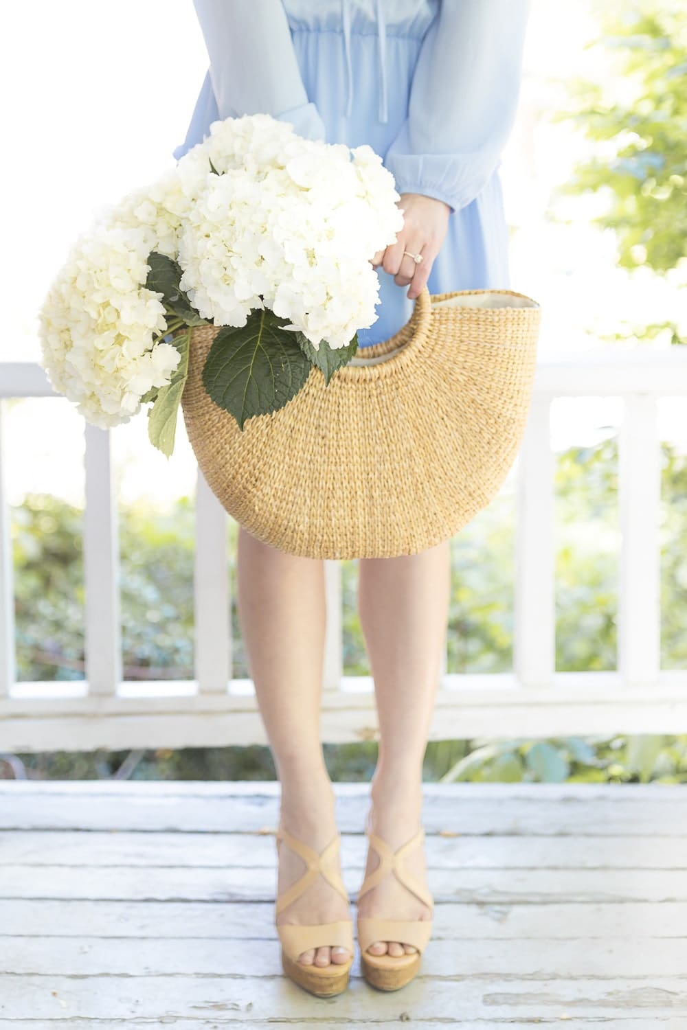 Amazon round handle straw handbag filled with white hydrangeas by affordable fashion blogger Stephanie Ziajka on Diary of a Debutante