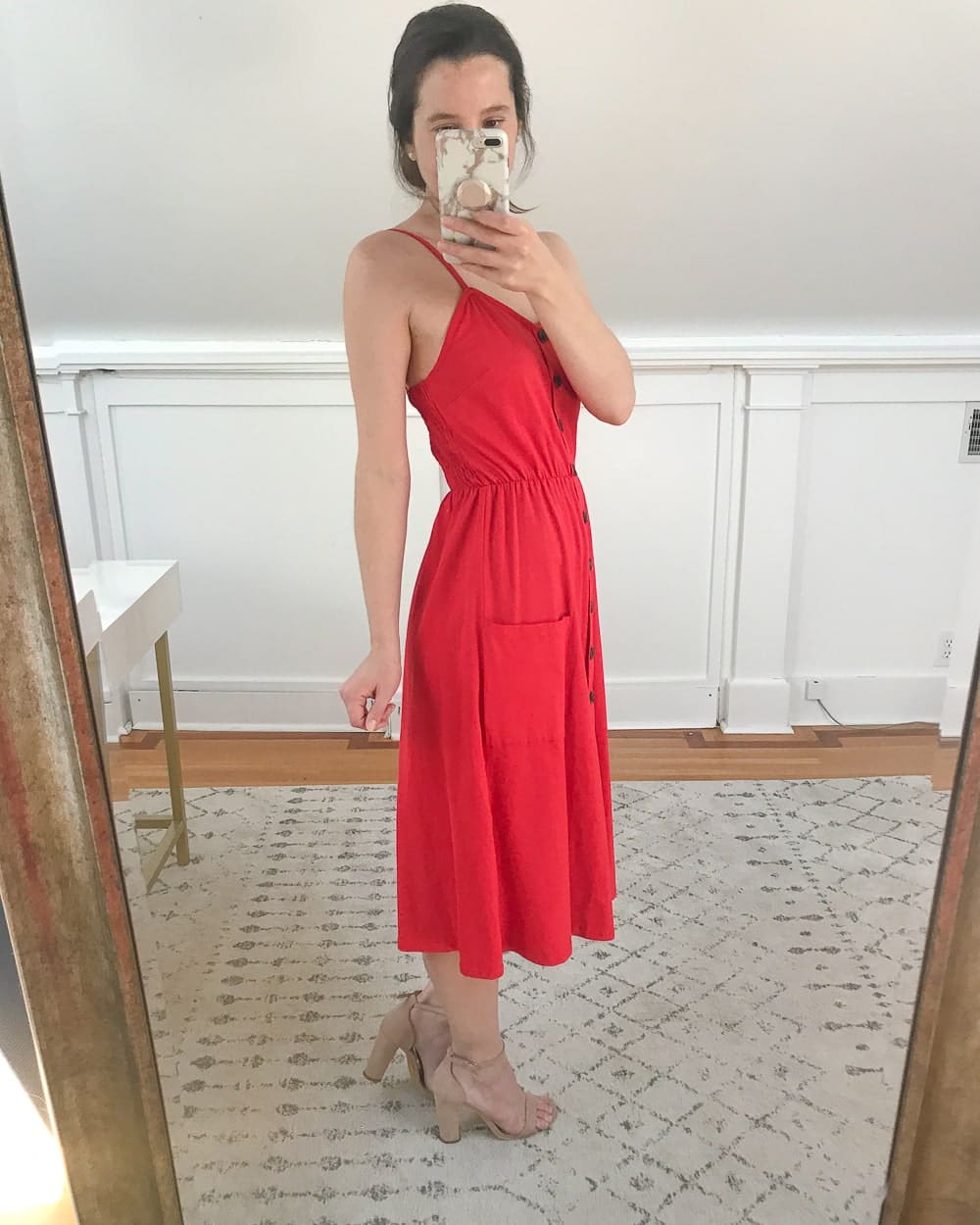 Affordable fashion blogger Stephanie Ziajka tries on an Amazon red midi dress on Diary of a Debutante