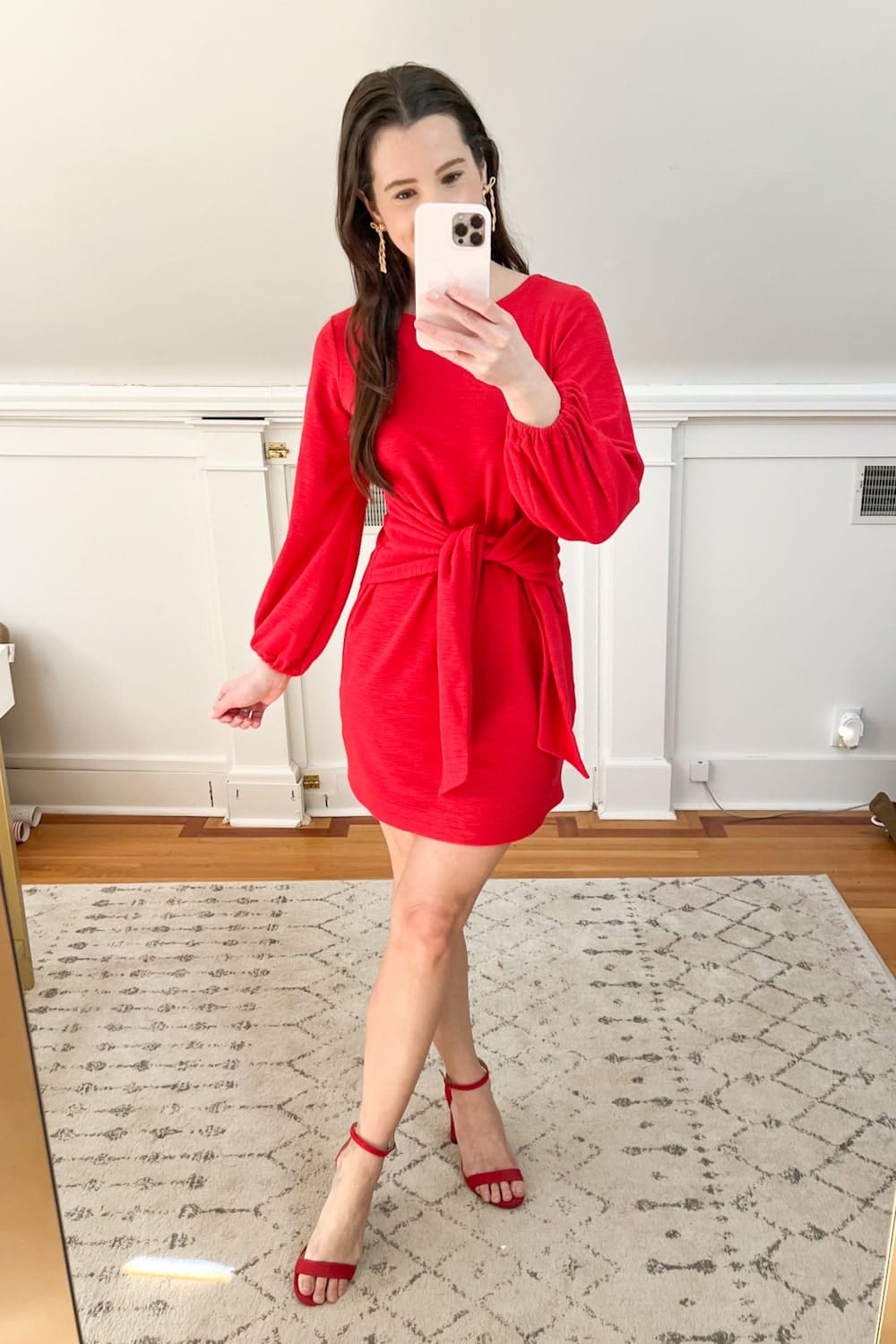 Amazon red christmas party dress styled with red block heel sandals and gold beaded bow earrings by affordable fashion blogger Stephanie Ziajka on Diary of a Debutante