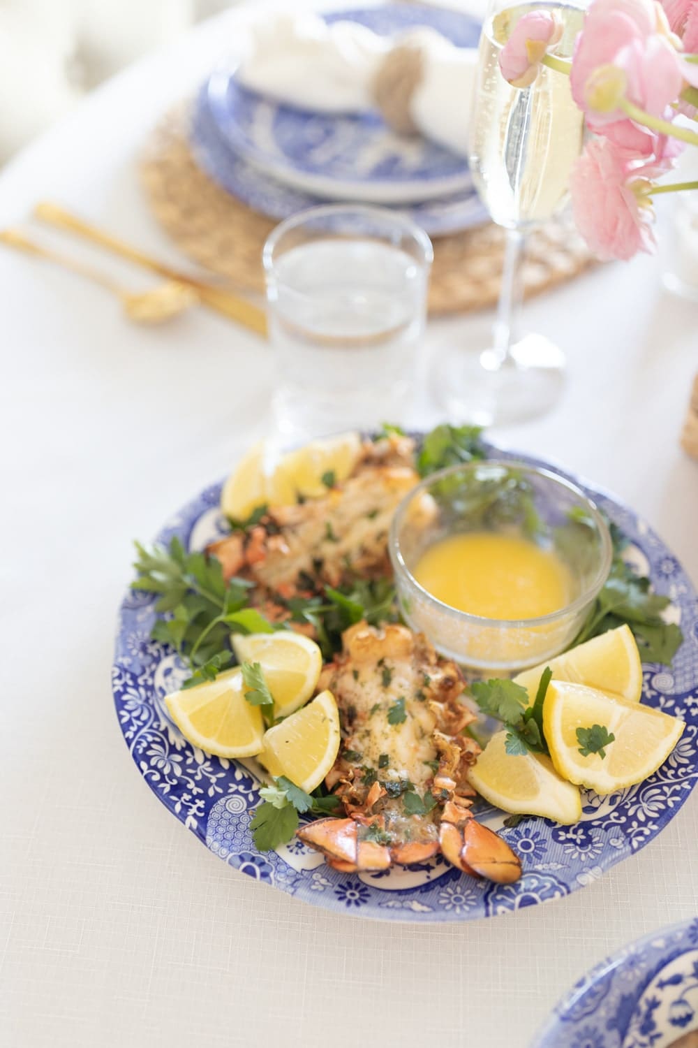 HyVee lobster tails featured as part of a blue and white Italian tablescape for 2 by blogger Stephanie Ziajka on Diary of a Debutante