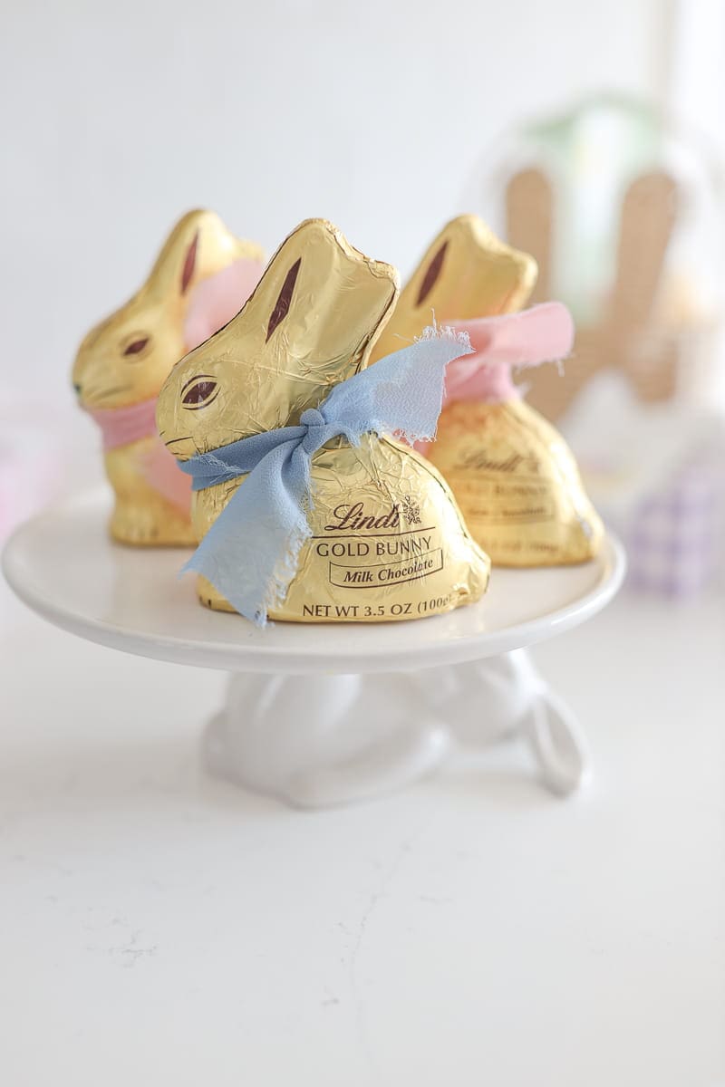 Lindt chocolate bunny with blue and pink pastel chiffon ribbon Lindt chocolate bunny with blue and pink pastel chiffon ribbon