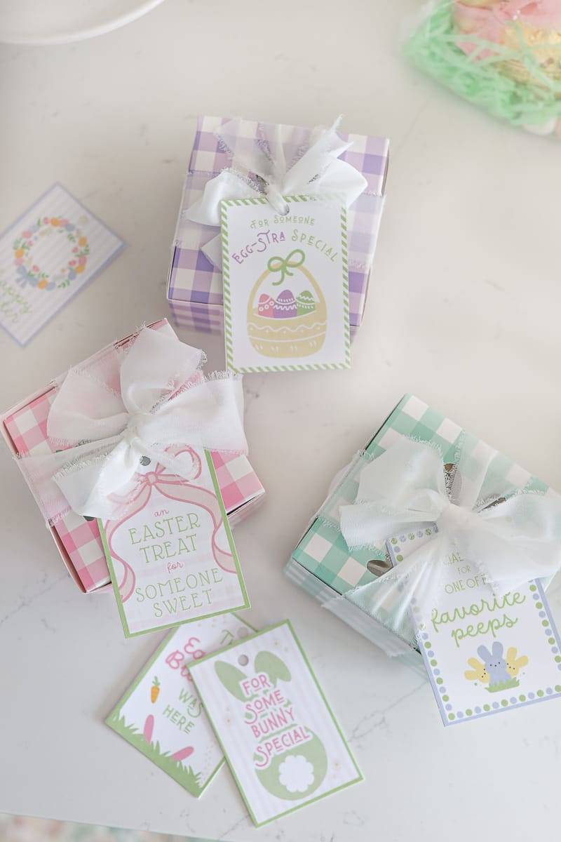 Blogger Stephanie Ziajka shares Easter gift tags printable on gingham treat boxes with pastel ribbon on Diary of a Debutante Blogger Stephanie Ziajka shares Easter gift tags printable on gingham treat boxes with pastel ribbon on Diary of a Debutante