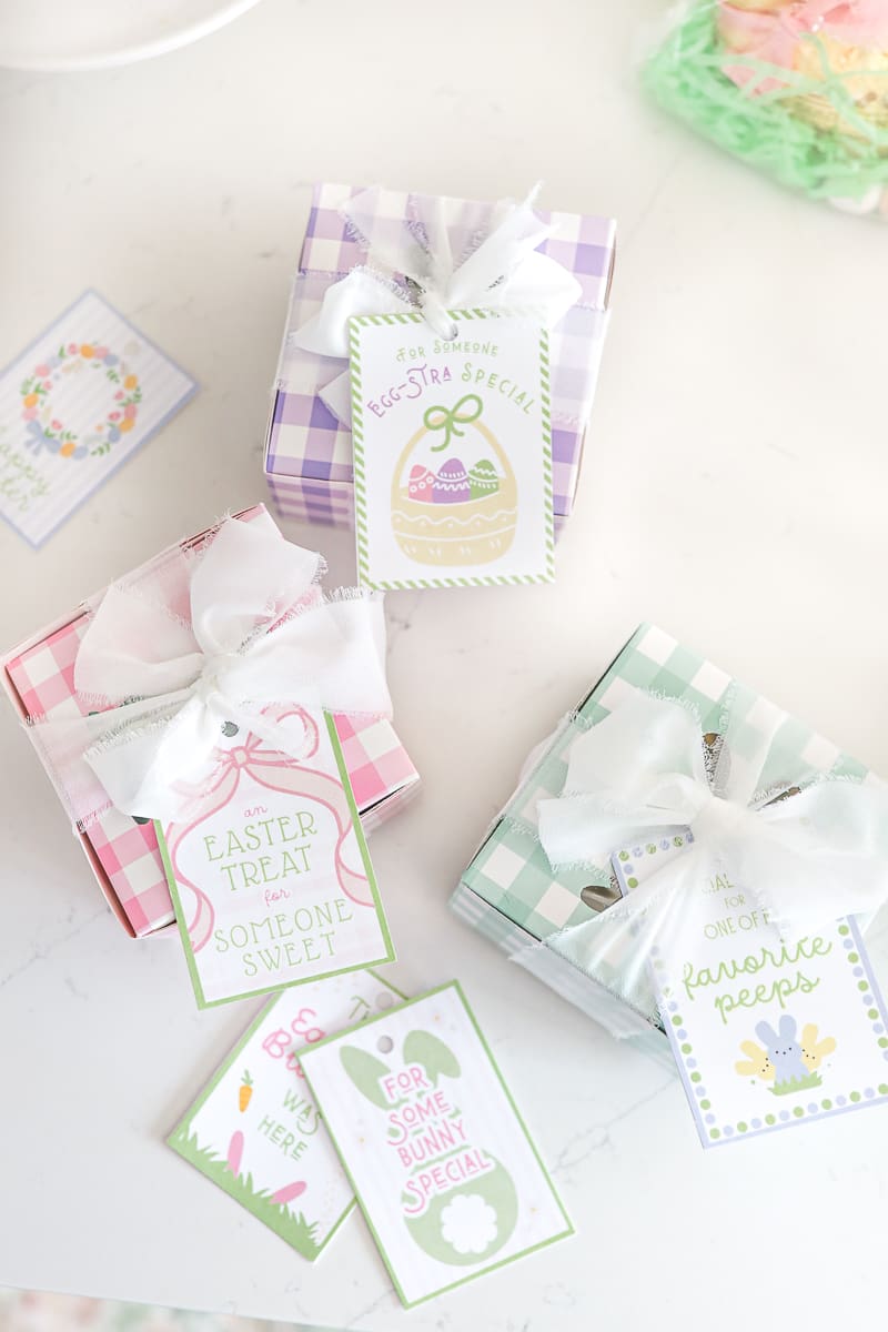 Blogger Stephanie Ziajka shares Easter gift tags printable on gingham treat boxes with pastel ribbon on Diary of a Debutante