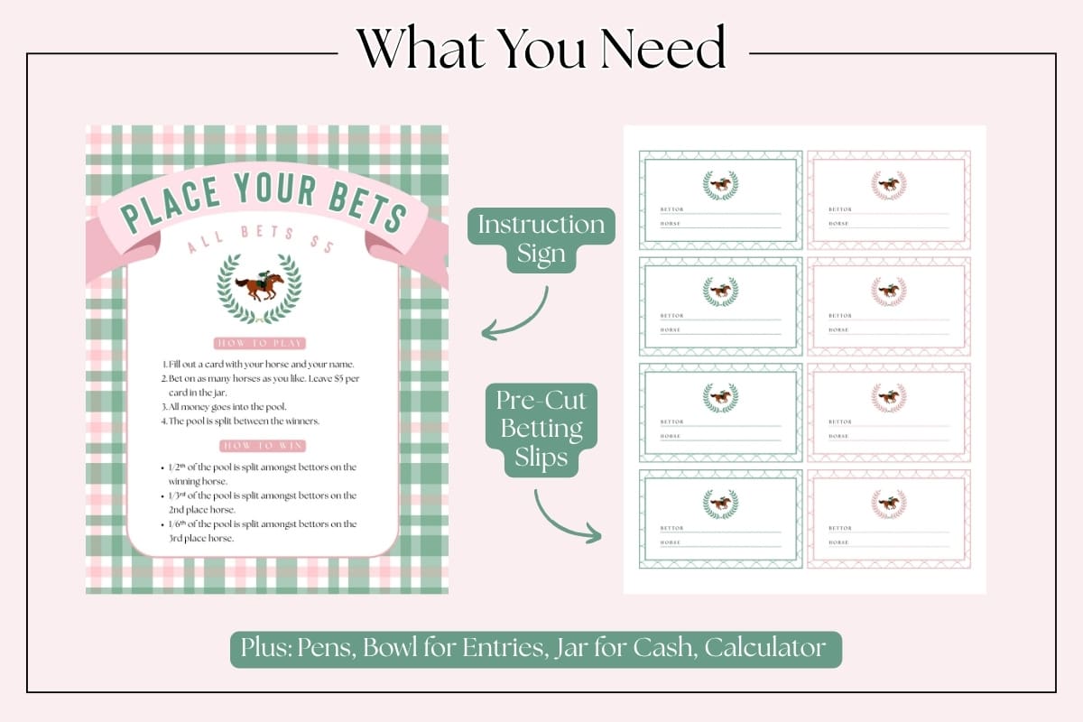 Easy Kentucky Derby party activities with printable games and betting setup