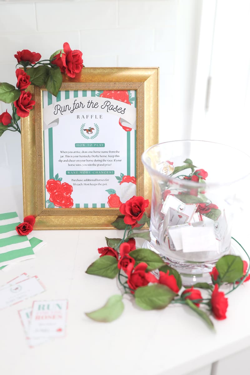 Run for the Roses raffle game display with printable sign and entry slips