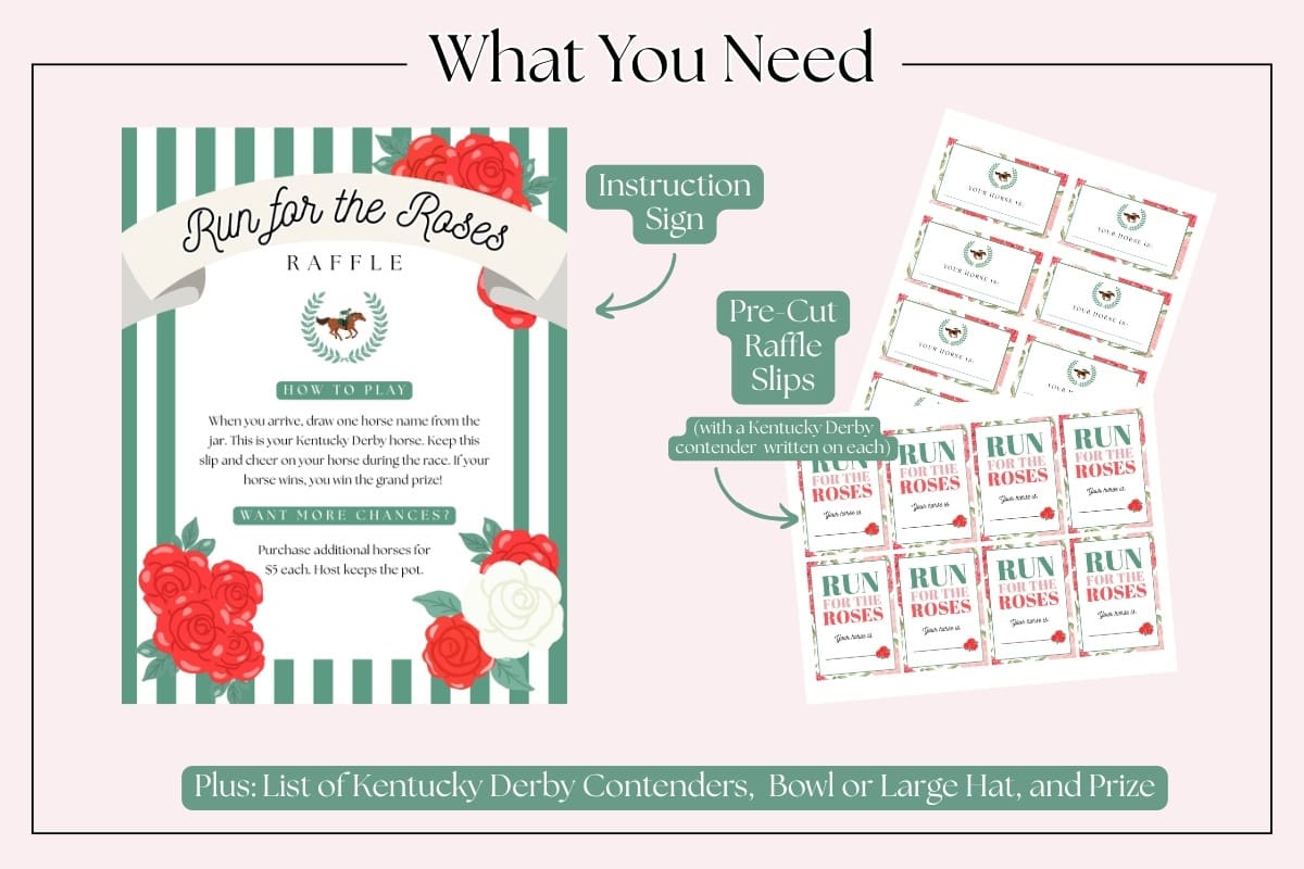 Easy Derby party game setup with printable horse race raffle and instructions