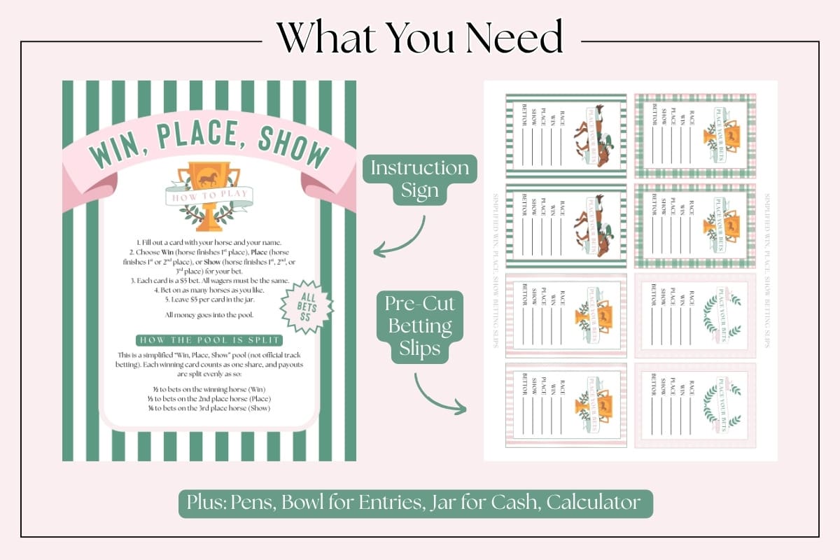 Simplified win place show betting game setup with printable instructions and slips