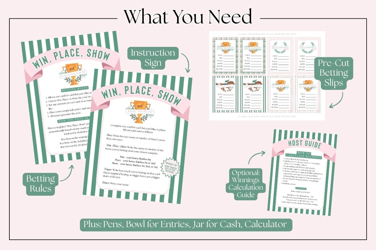 Weighted win place show betting game with printable instructions and betting slips